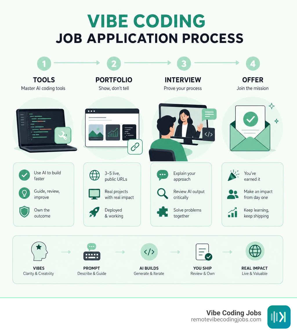 Vibe coding job application process: tools, portfolio, interview, and offer steps infographic Vibe coding job application process: tools, portfolio, interview, and offer steps infographic