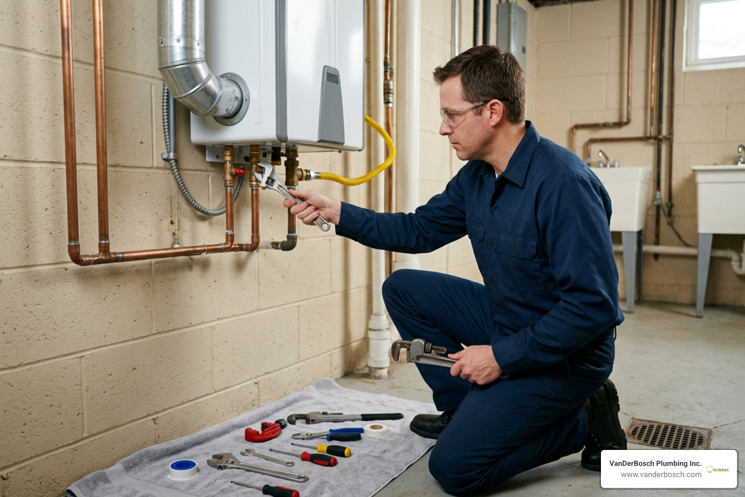 professional plumber working on a tankless unit professional plumber working on a tankless unit