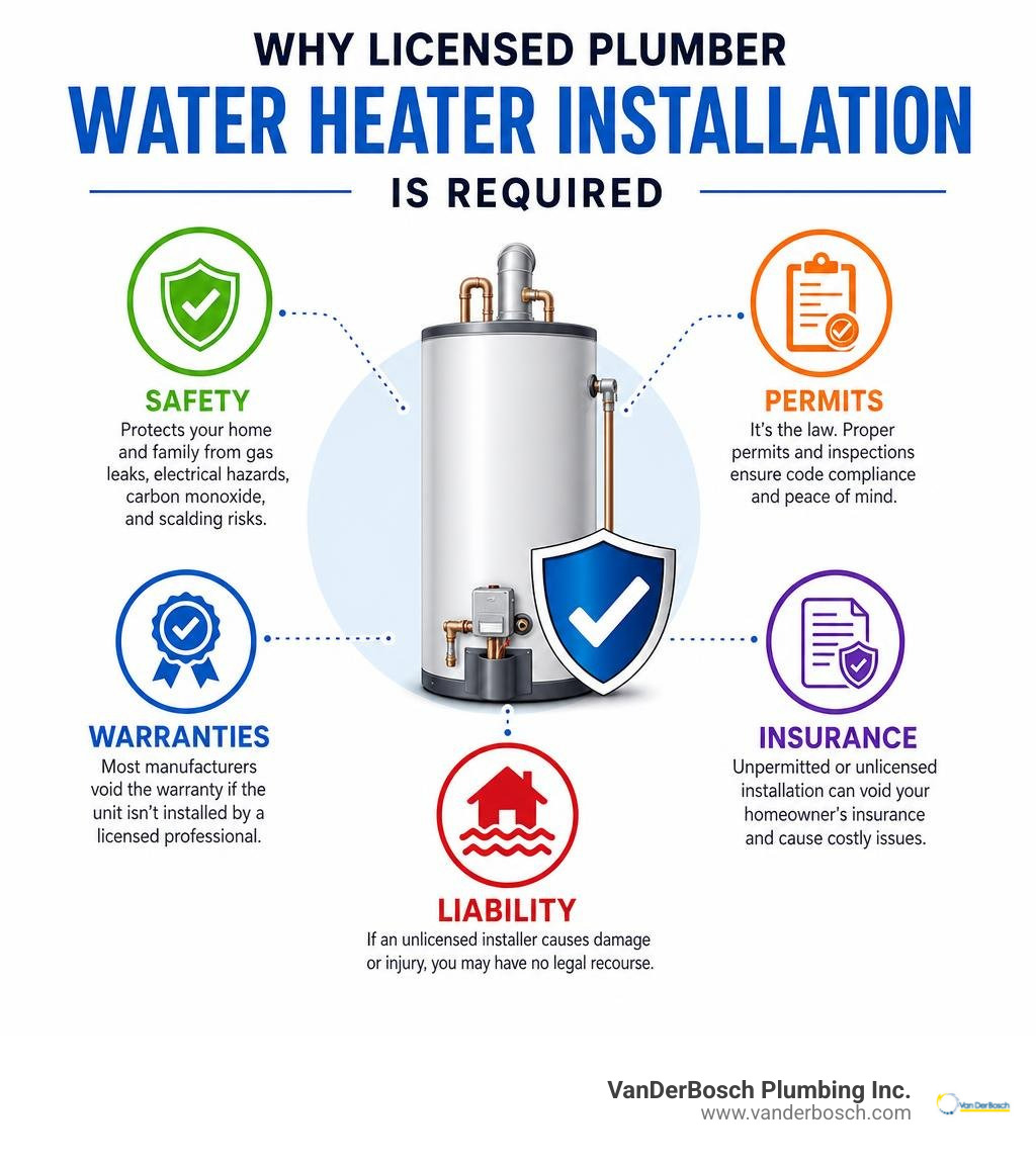 Why licensed plumber water heater installation is required: safety, permits, warranties, insurance, liability infographic Why licensed plumber water heater installation is required: safety, permits, warranties, insurance, liability infographic