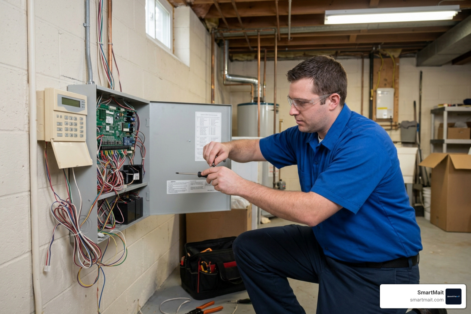 Security technician reprogramming a legacy alarm panel keypad Security technician reprogramming a legacy alarm panel keypad