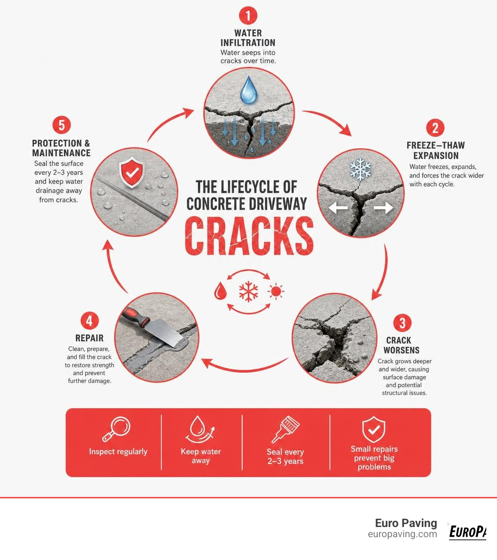 Lifecycle of concrete driveway cracks showing water infiltration freeze-thaw expansion and repair stages infographic