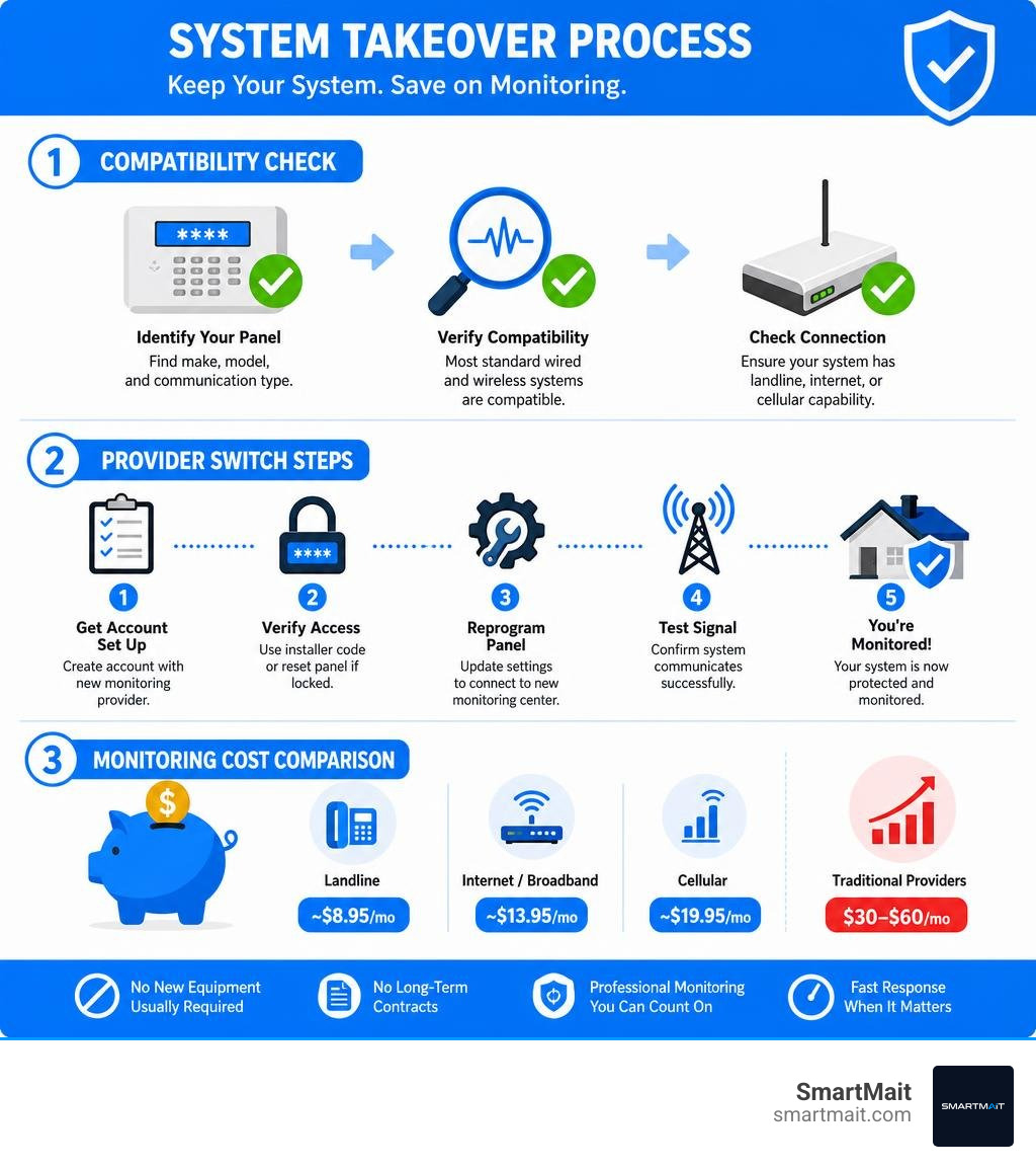 Infographic: system takeover process showing compatibility check, provider switch steps, and monitoring cost comparison Infographic: system takeover process showing compatibility check, provider switch steps, and monitoring cost comparison