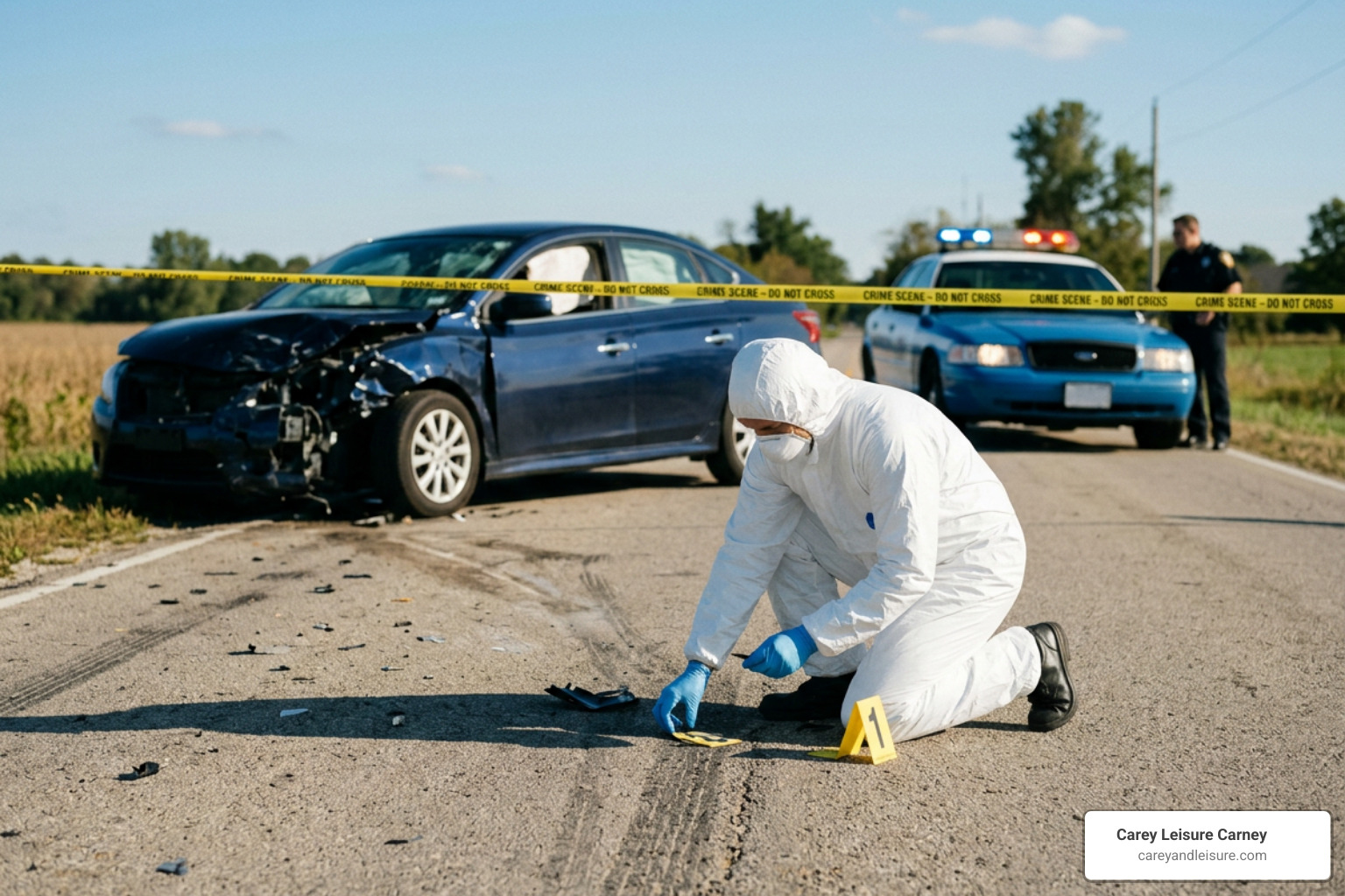 Forensic investigator collecting evidence at a crash site
