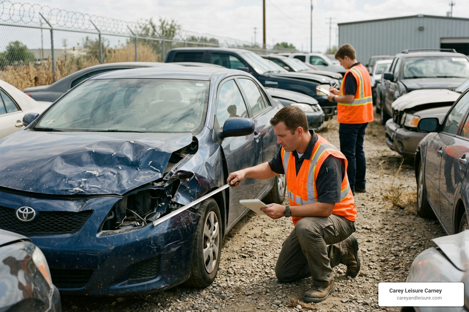 Accident reconstructionist analyzing vehicle damage