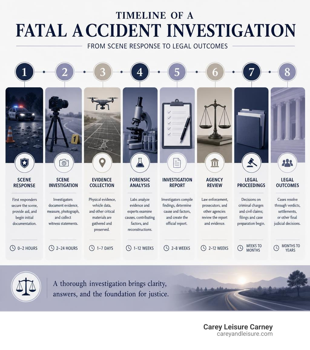 Timeline of a fatal accident investigation from scene response to legal outcomes infographic