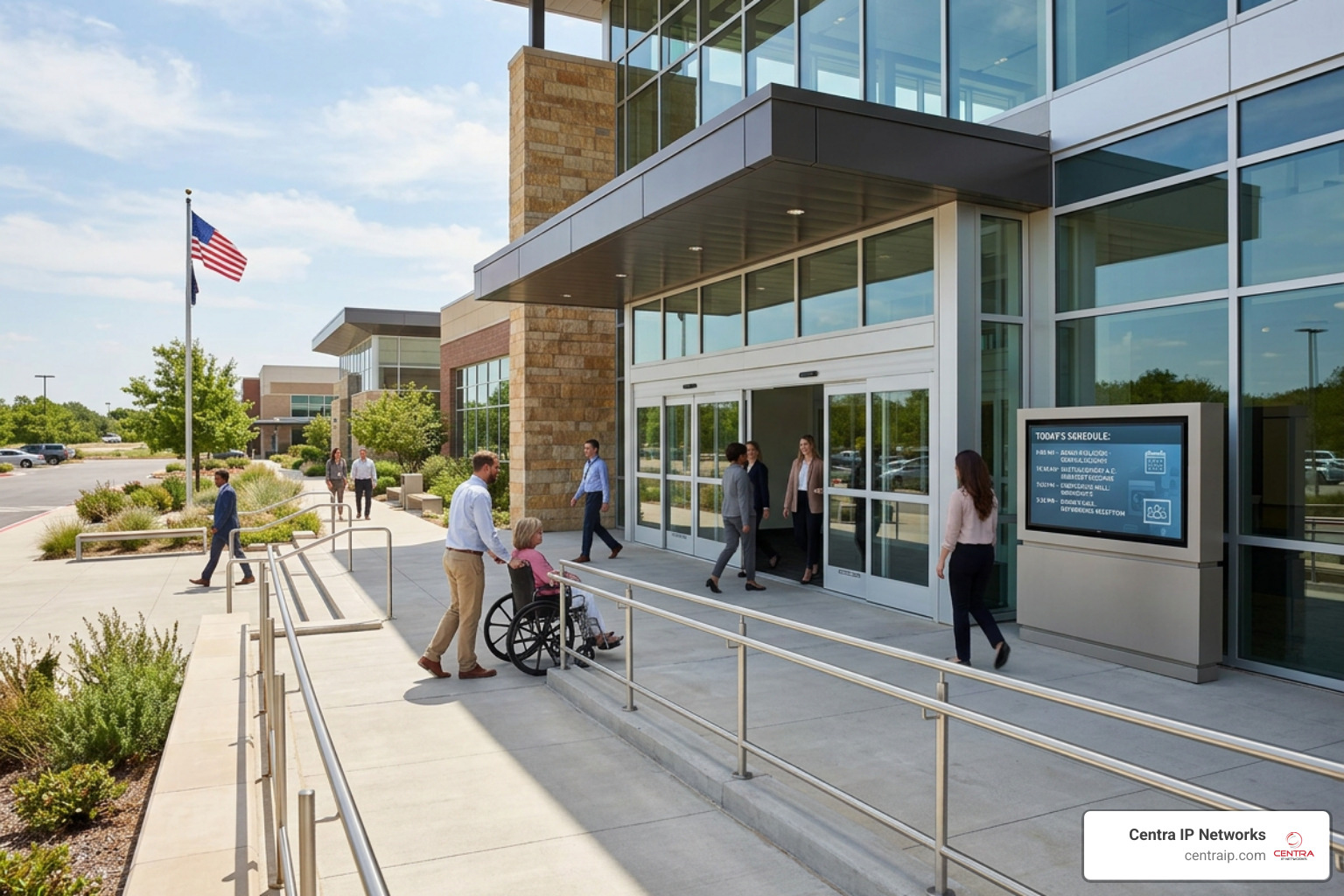An accessible conference venue with ramp access, wide doors, and clear digital signage