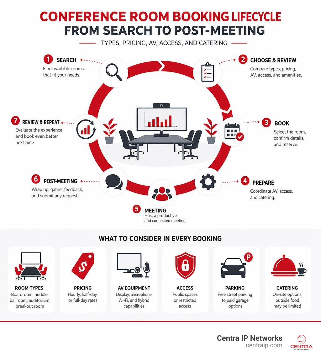 Conference room booking lifecycle from search to post-meeting — types, pricing, AV, access, and catering infographic