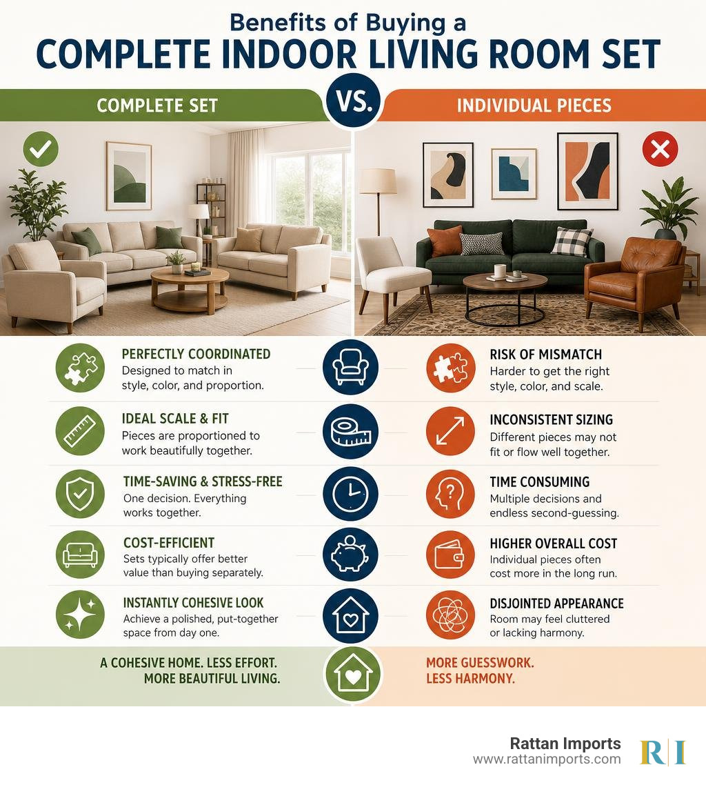Benefits of buying a complete indoor living room set vs. individual pieces infographic Benefits of buying a complete indoor living room set vs. individual pieces infographic