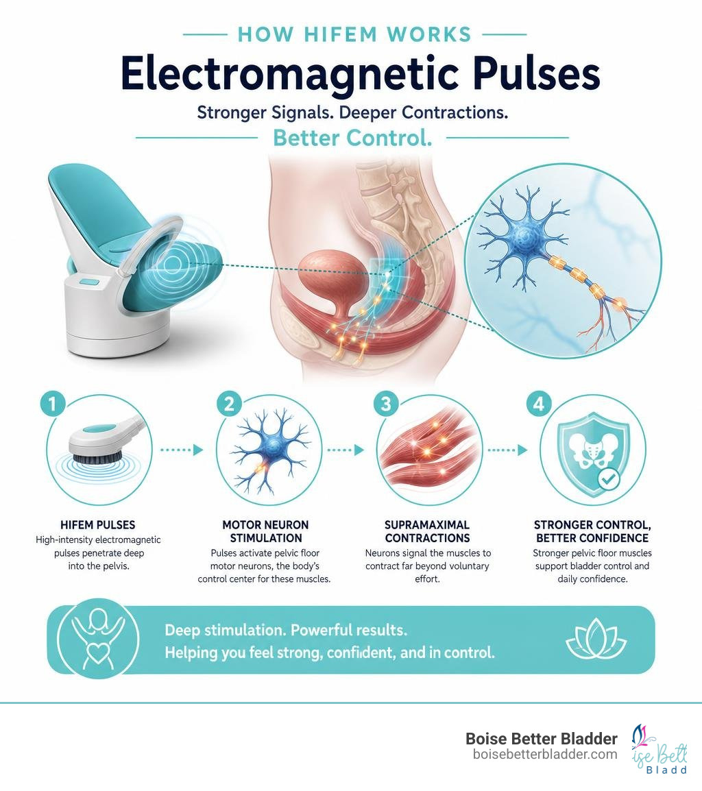 Infographic showing how HIFEM electromagnetic pulses stimulate pelvic floor motor neurons and trigger supramaximal