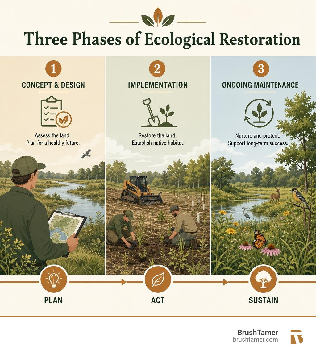 Three phases of ecological restoration: concept design, implementation, ongoing maintenance infographic