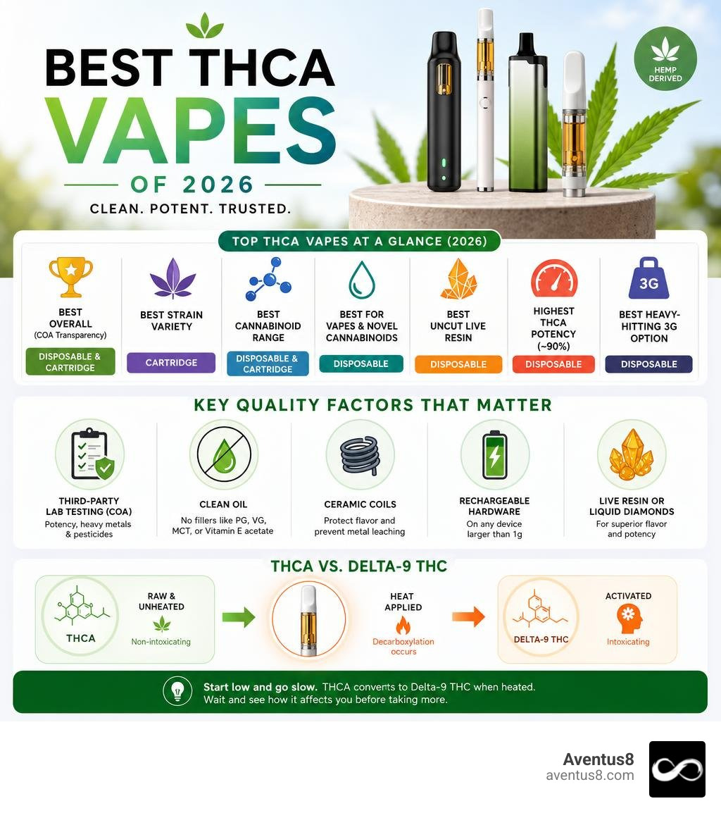 Infographic showing top THCa vapes of 2026, key quality factors, and quick brand comparison infographic Infographic showing top THCa vapes of 2026, key quality factors, and quick brand comparison infographic