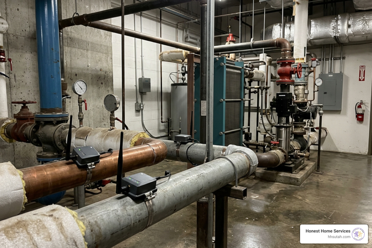 Smart wireless plumbing sensors installed on commercial pipes in a mechanical room Smart wireless plumbing sensors installed on commercial pipes in a mechanical room