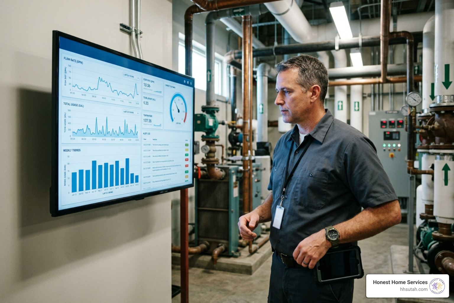 A facility manager reviewing real-time building water metrics on a dashboard A facility manager reviewing real-time building water metrics on a dashboard