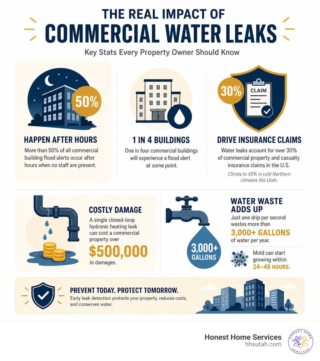 Key stats and impact of commercial water leaks on properties, insurance claims, and water waste infographic Key stats and impact of commercial water leaks on properties, insurance claims, and water waste infographic
