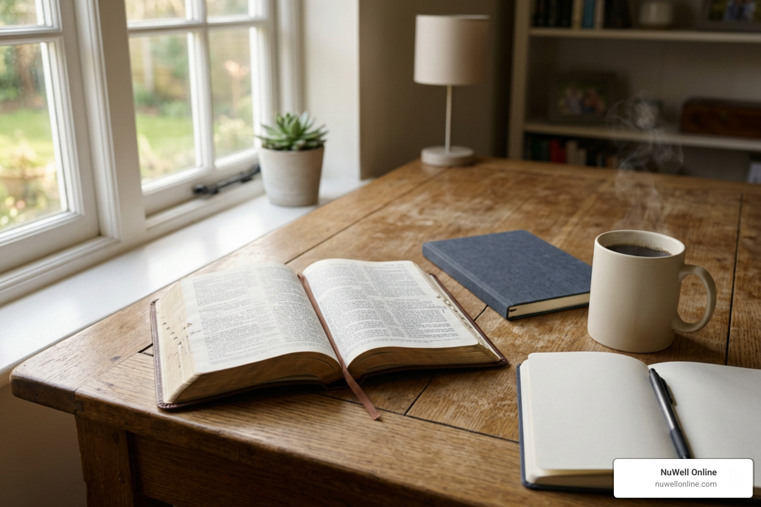 A Bible and a journal representing spiritual transformation and reflective soul care