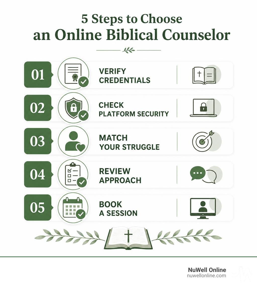 Steps to choose an online biblical counselor: verify credentials, check platform security, match your struggle, review