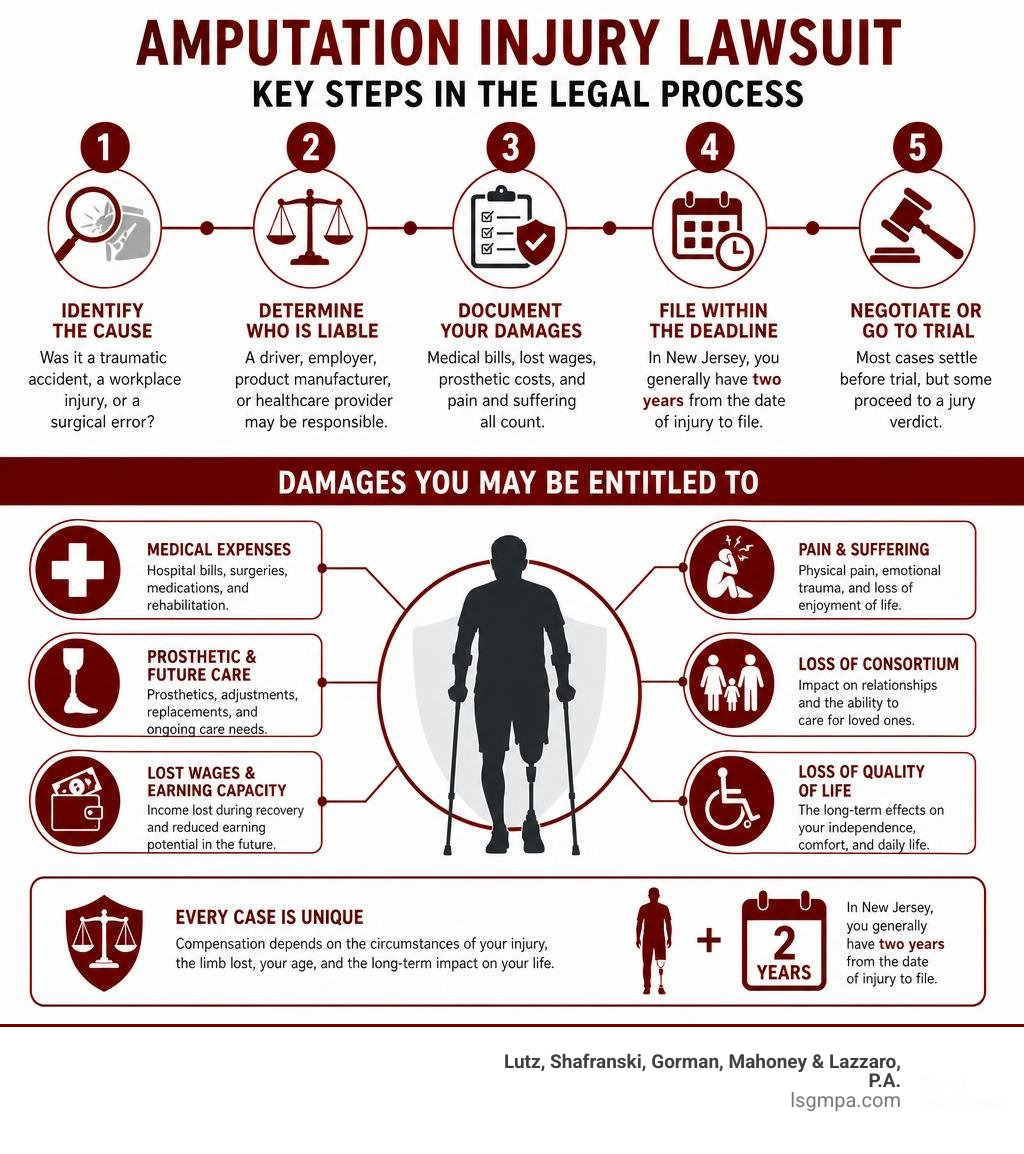 Key steps and damages in an amputation injury lawsuit explained visually infographic