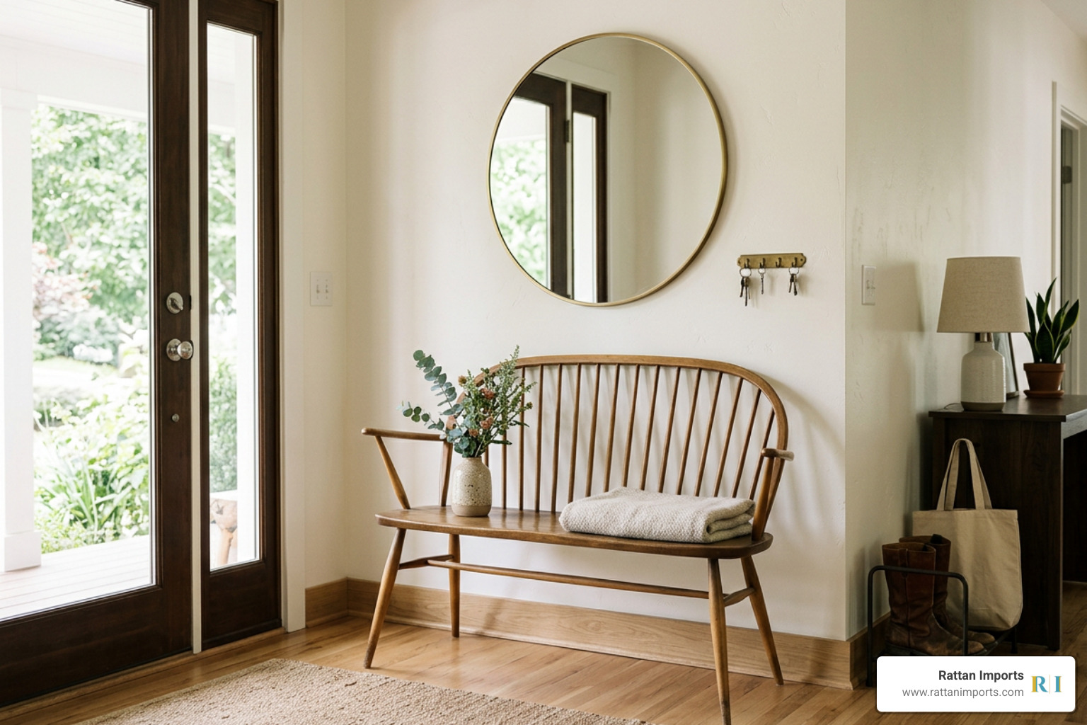 A beautifully styled vintage Ercol bench used as an entryway focal point with minimalist decor A beautifully styled vintage Ercol bench used as an entryway focal point with minimalist decor