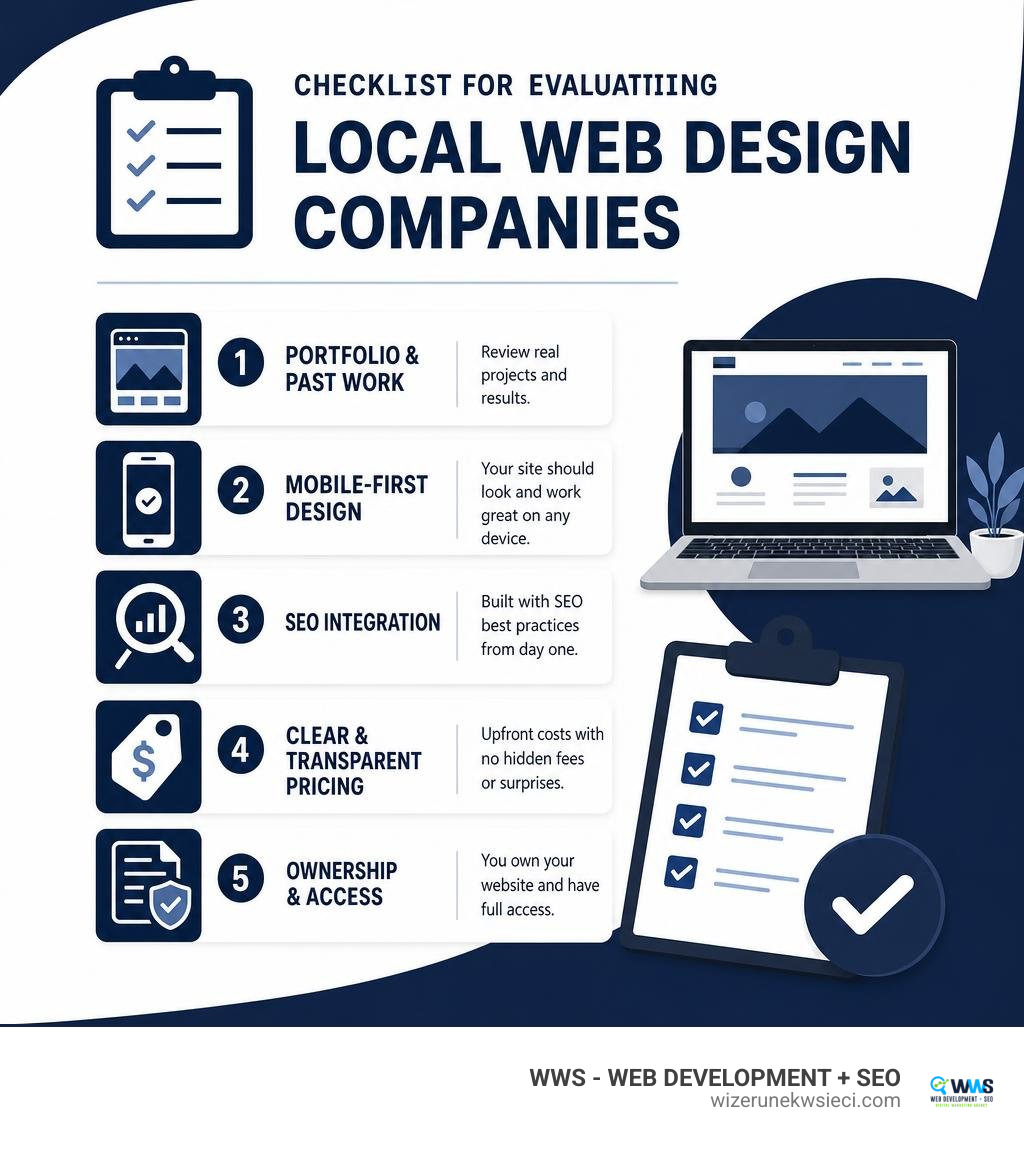 checklist infographic for evaluating local web design companies — portfolio, mobile design, SEO, pricing, and ownership checklist infographic for evaluating local web design companies — portfolio, mobile design, SEO, pricing, and ownership