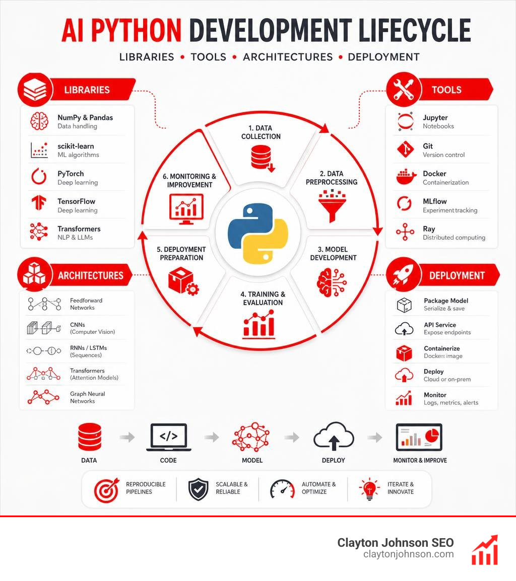 AI Python development lifecycle infographic showing libraries, tools, architectures, and deployment steps infographic