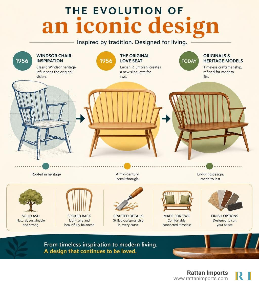 Evolution of the ercol love seat design from 1956 Windsor chair inspiration to modern Originals and Heritage models Evolution of the ercol love seat design from 1956 Windsor chair inspiration to modern Originals and Heritage models