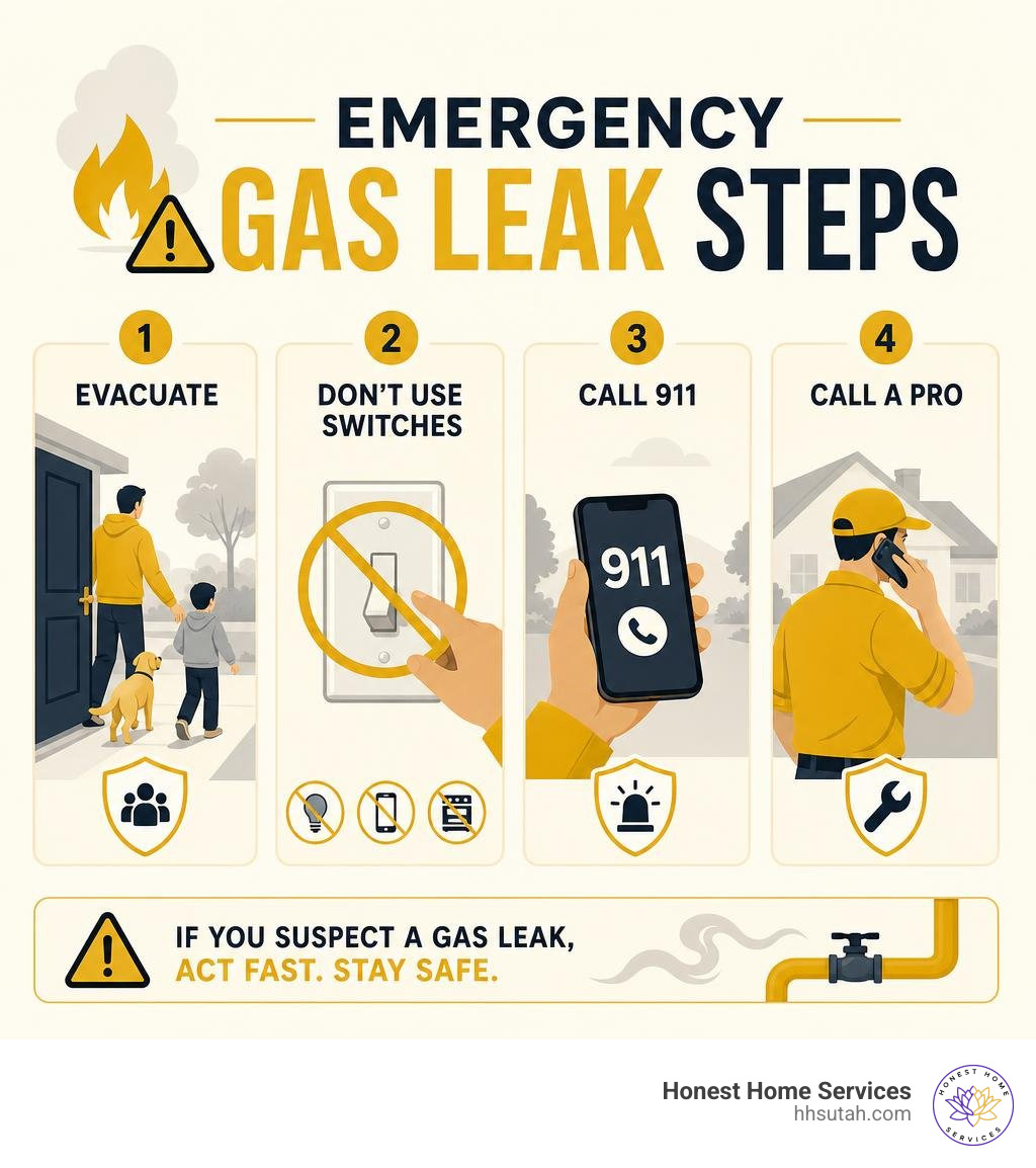 Emergency gas leak steps: evacuate, don't use switches, call 911, call a pro infographic Emergency gas leak steps: evacuate, don't use switches, call 911, call a pro infographic