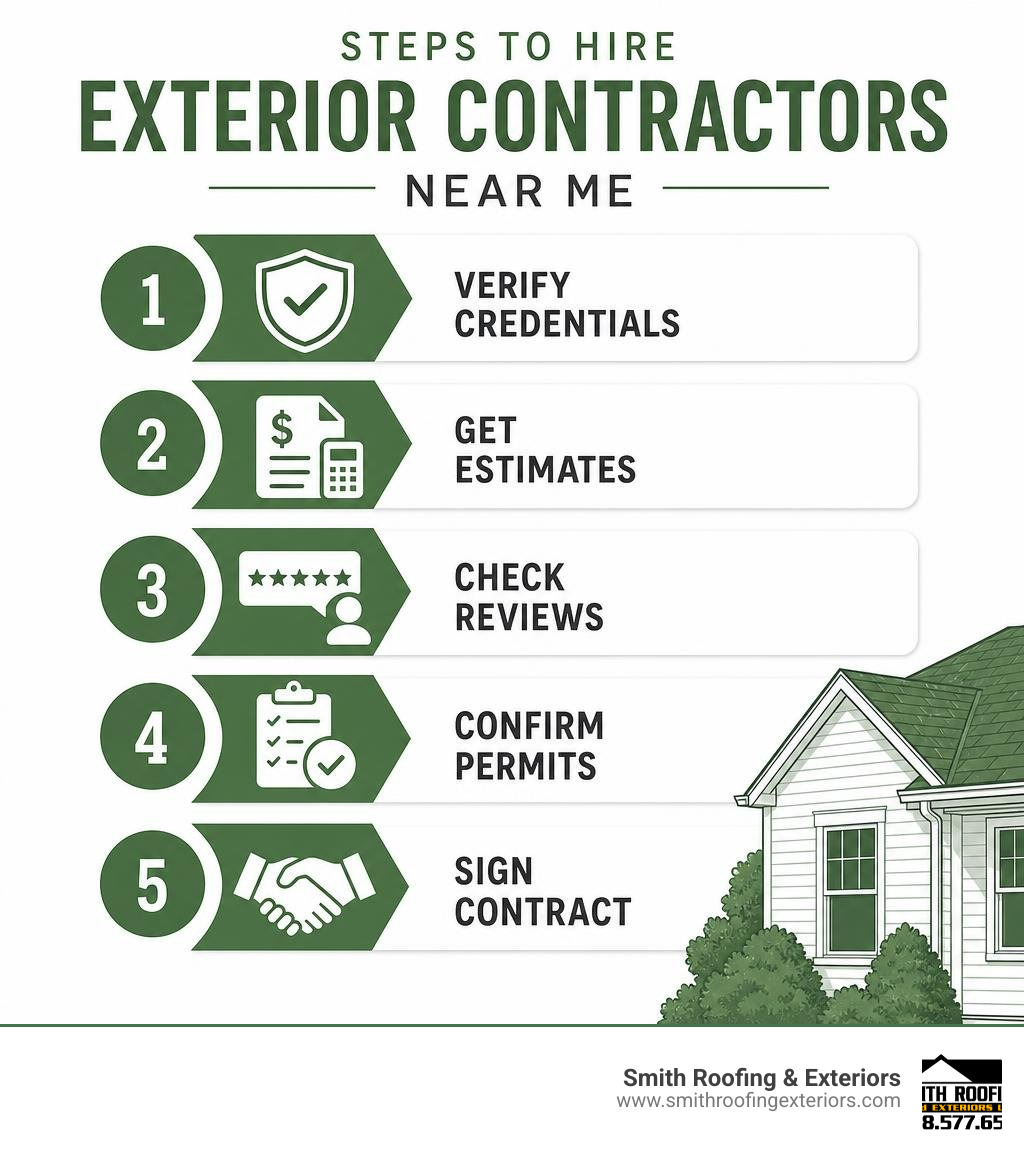 Steps to hire exterior contractors near me: verify credentials, get estimates, check reviews, confirm permits, sign contract Steps to hire exterior contractors near me: verify credentials, get estimates, check reviews, confirm permits, sign contract