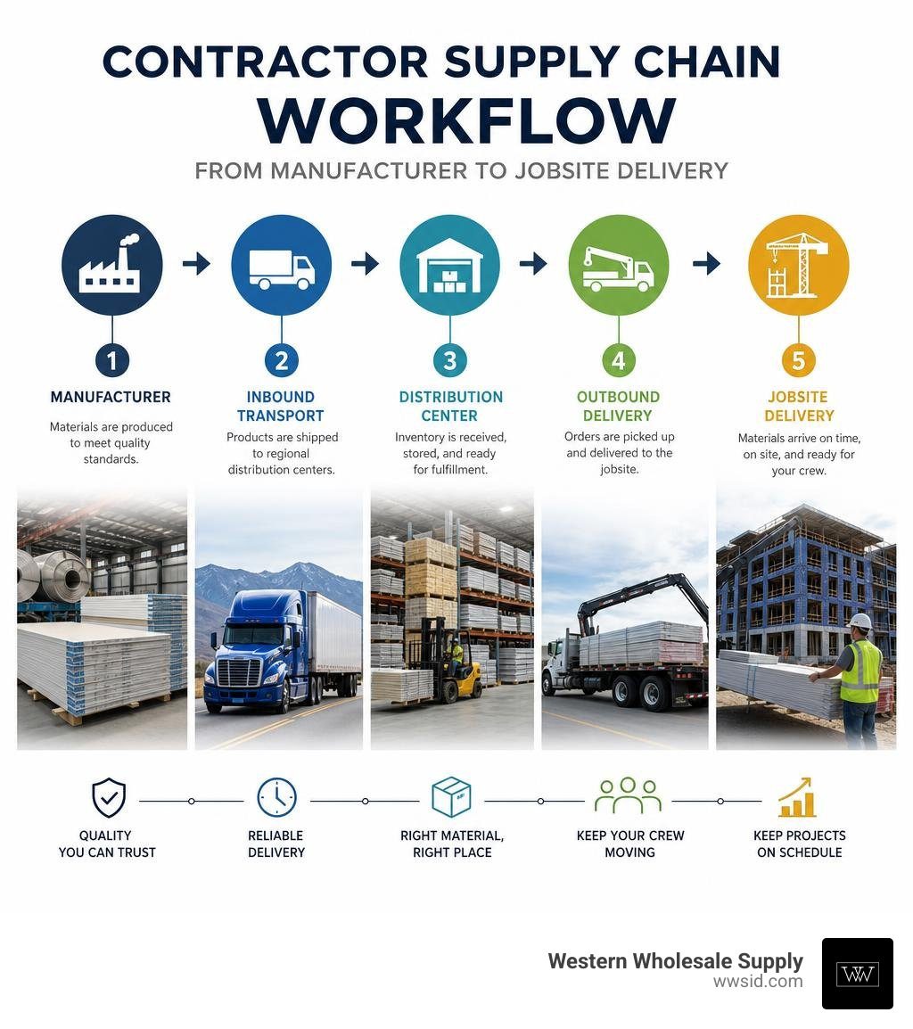 Contractor supply chain workflow from manufacturer to jobsite delivery infographic Contractor supply chain workflow from manufacturer to jobsite delivery infographic