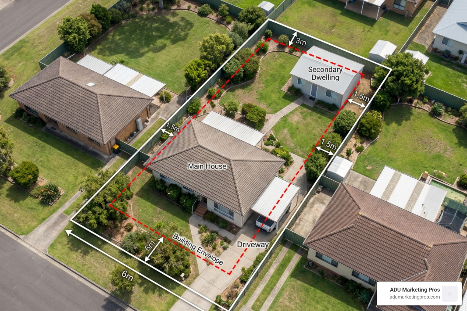 Site plan layout showing minimum setbacks and building envelope for a Central Coast granny flat
