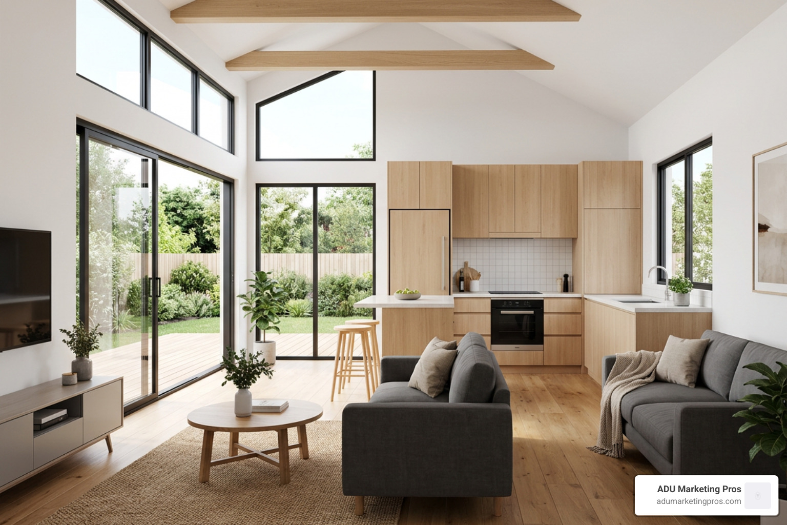 Modern open-plan interior design of a 60 square meter 1 bedroom granny flat