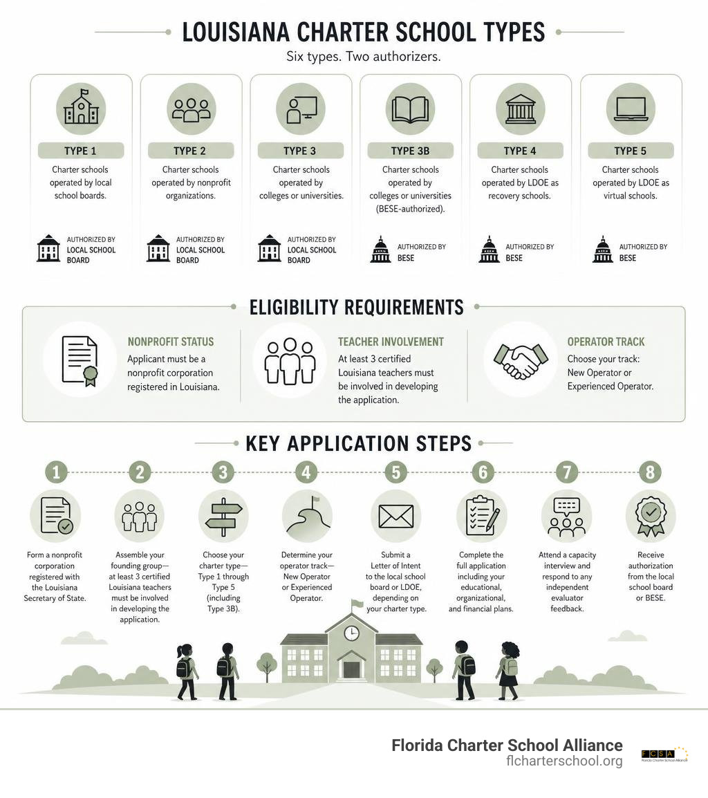 Overview of Louisiana charter school types, eligibility requirements, and key application steps infographic Overview of Louisiana charter school types, eligibility requirements, and key application steps infographic