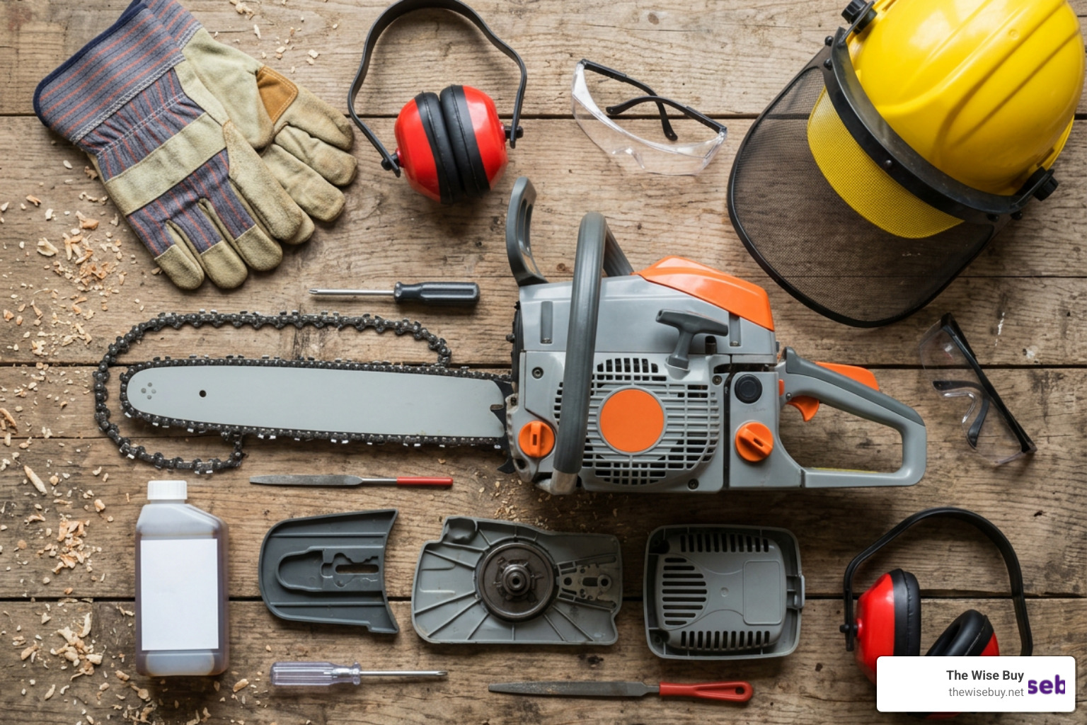 Safety gear and components of a budget chainsaw Safety gear and components of a budget chainsaw