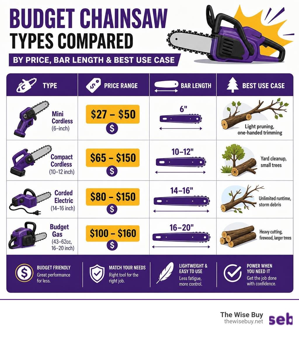 Budget chainsaw types compared by price, bar length, and best use case infographic Budget chainsaw types compared by price, bar length, and best use case infographic