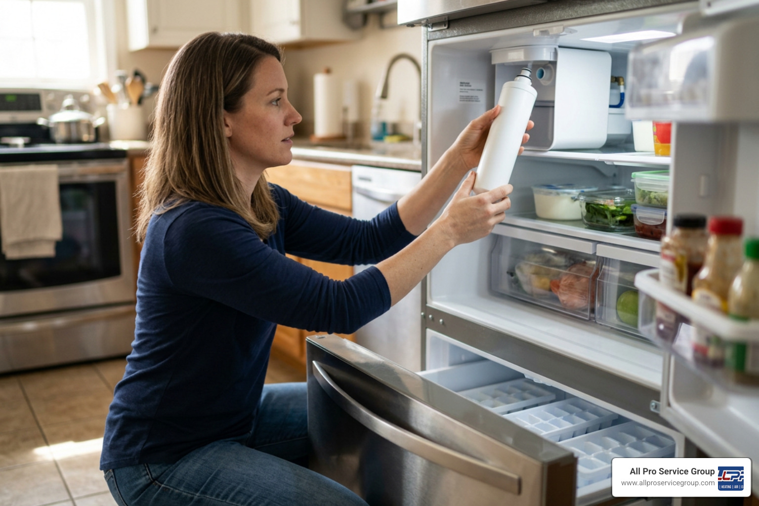 Homeowner replacing a refrigerator water filter to fix low water pressure Homeowner replacing a refrigerator water filter to fix low water pressure