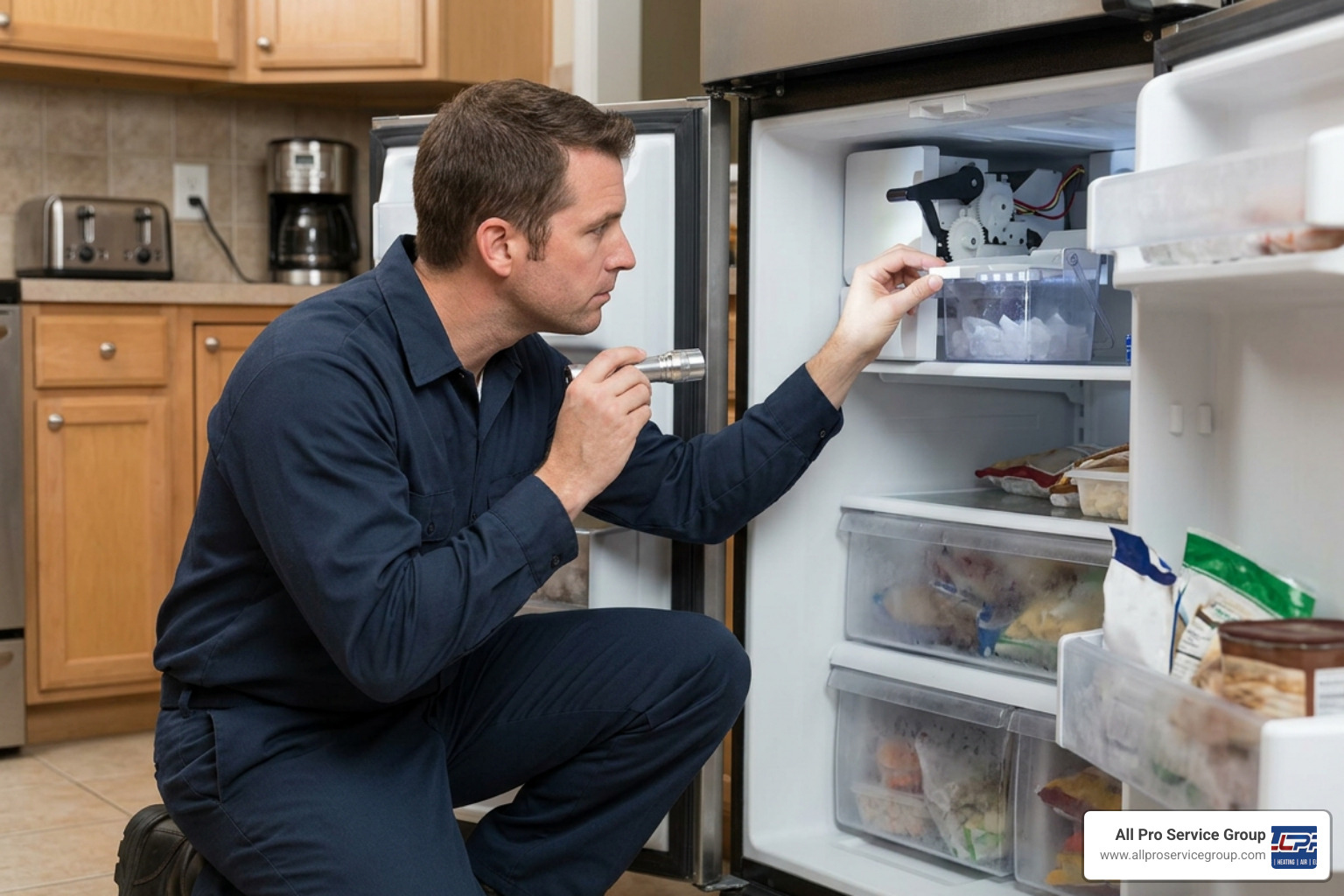 Technician inspecting a freezer compartment to diagnose ice maker harvest cycle Technician inspecting a freezer compartment to diagnose ice maker harvest cycle
