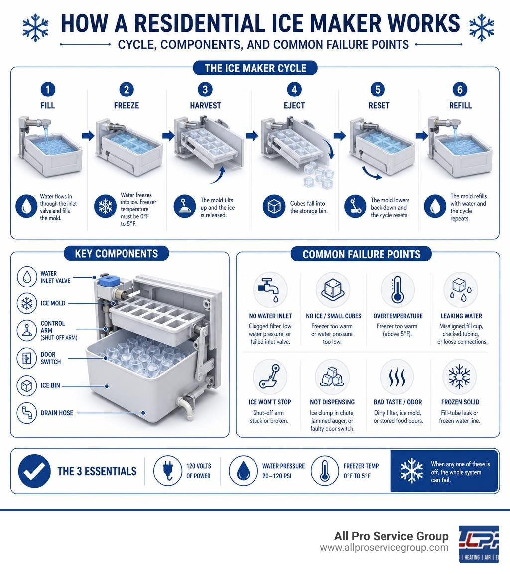 How a residential ice maker works — cycle, components, and common failure points infographic How a residential ice maker works — cycle, components, and common failure points infographic