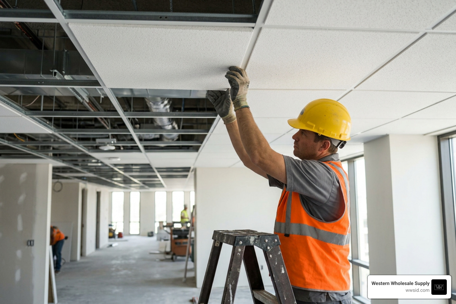 Professional contractor installing mineral fiber tiles into a standard ceiling grid Professional contractor installing mineral fiber tiles into a standard ceiling grid