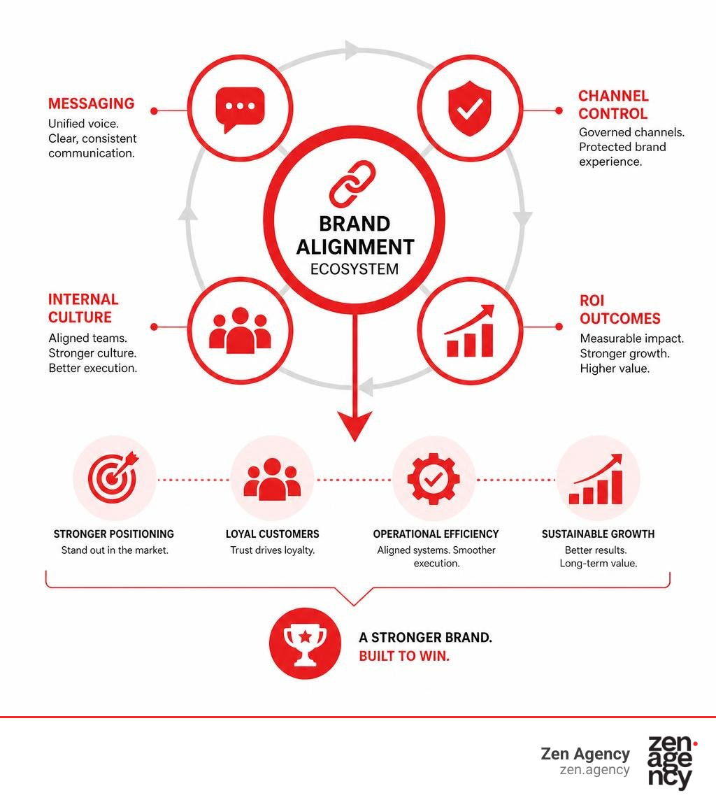 Brand alignment ecosystem infographic showing messaging, channel control, internal culture, and ROI outcomes infographic Brand alignment ecosystem infographic showing messaging, channel control, internal culture, and ROI outcomes infographic