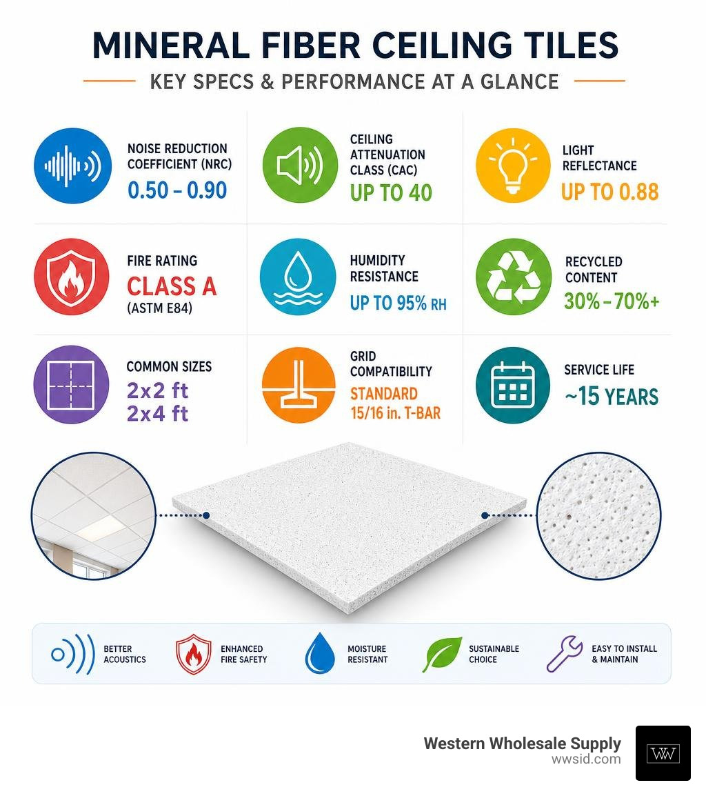Key specs and performance metrics of mineral fiber ceiling tiles at a glance infographic Key specs and performance metrics of mineral fiber ceiling tiles at a glance infographic