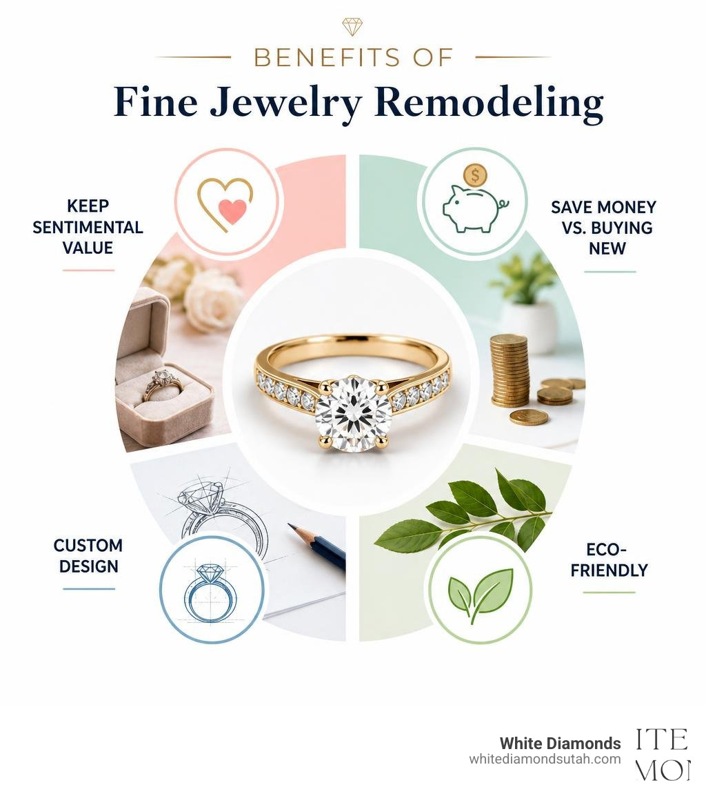 Benefits of fine jewelry remodeling: keep sentimental value, save money vs. buying new, custom design, eco-friendly