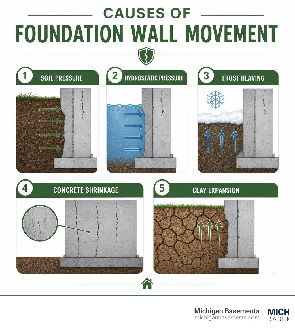 causes of foundation wall movement: soil pressure, hydrostatic pressure, frost heaving, concrete shrinkage, and clay
