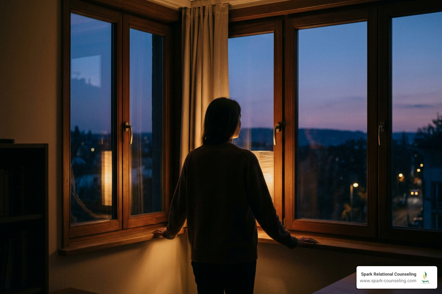 face-free silhouette of a woman looking out a window at dusk bathed in muted yellow light face-free silhouette of a woman looking out a window at dusk bathed in muted yellow light