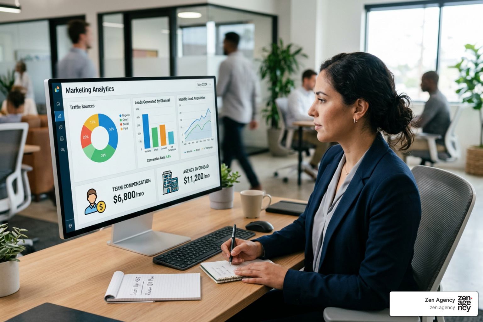 A digital marketing dashboard displaying lead generation metrics, SDR salaries, and agency overhead A digital marketing dashboard displaying lead generation metrics, SDR salaries, and agency overhead