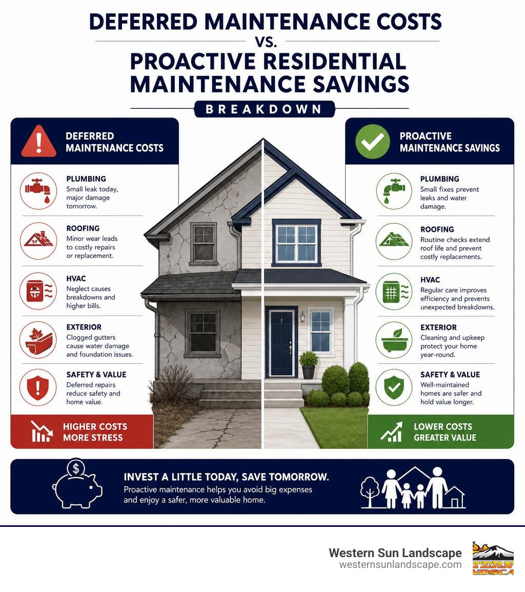 Deferred maintenance costs vs. proactive residential maintenance savings breakdown infographic