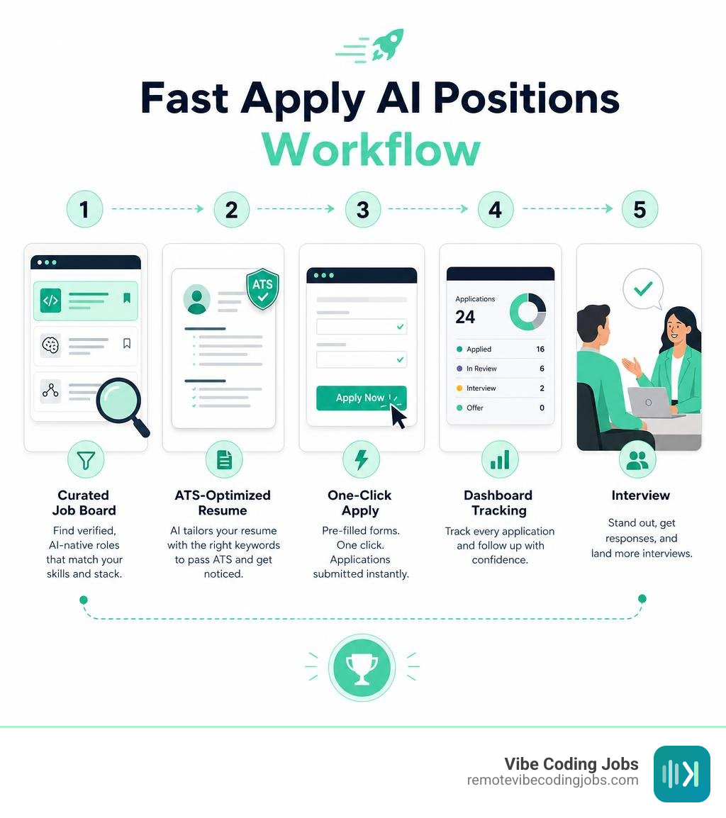 Infographic showing the fast apply AI positions workflow: curated job board to ATS-optimized resume to one-click apply to 