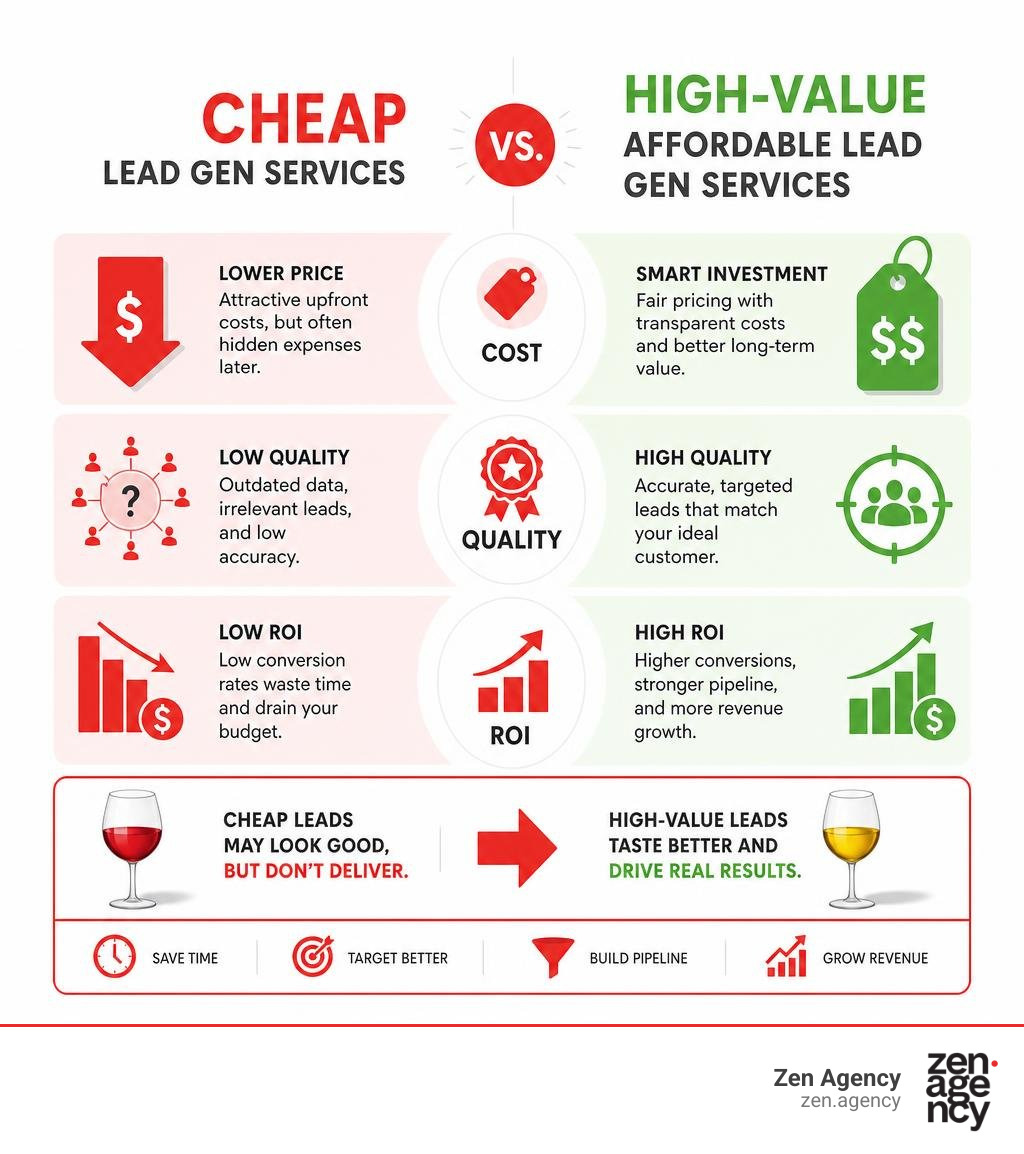 Comparison infographic: cheap vs high-value affordable lead generation services by cost, quality, and ROI infographic Comparison infographic: cheap vs high-value affordable lead generation services by cost, quality, and ROI infographic