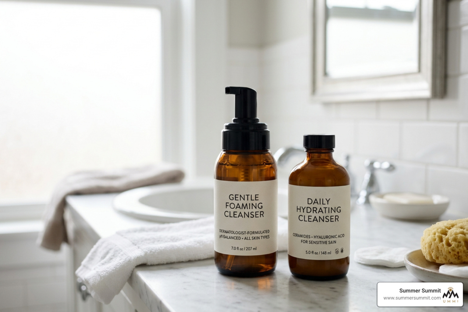 Premium dermatologist-formulated cleansers sitting on a clean bathroom counter
