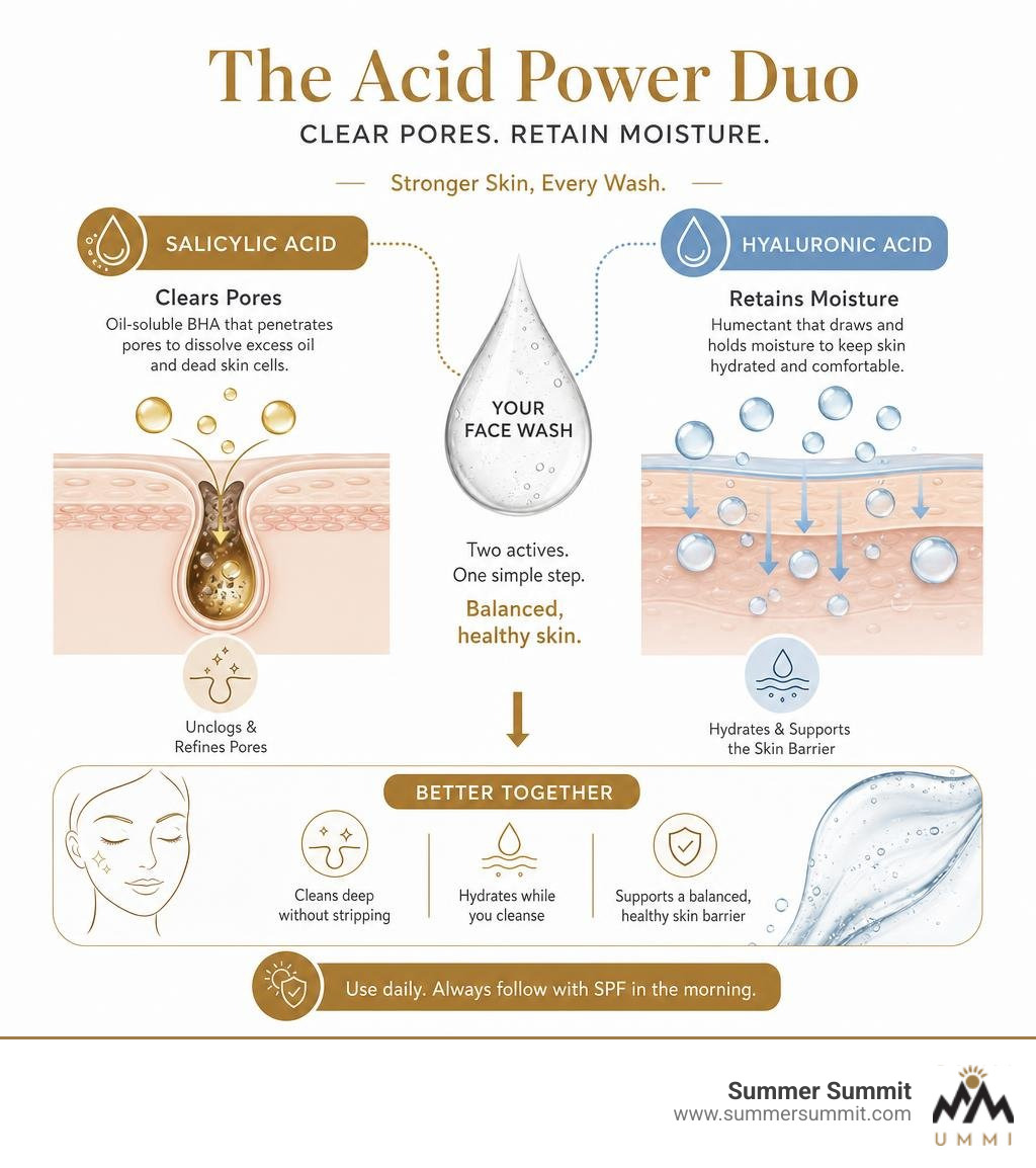 Infographic showing how salicylic acid clears pores and hyaluronic acid retains moisture in a face wash infographic