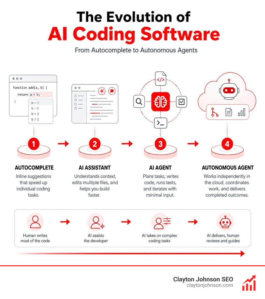 Evolution of AI coding software from autocomplete to autonomous agents infographic infographic