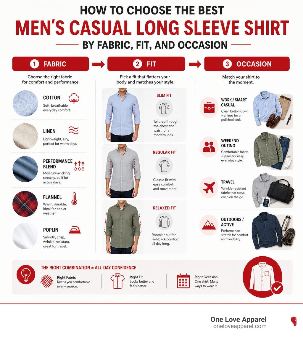 How to choose the best men's casual long sleeve shirt by fabric, fit, and occasion infographic
